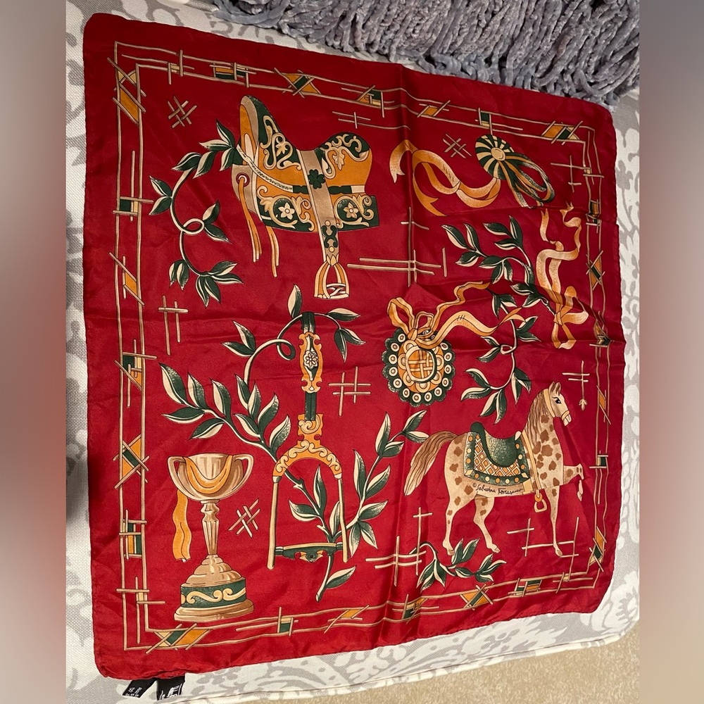 Salvatore Ferragamo 100% silk neckerchief/scarf - pattern: Equestrian